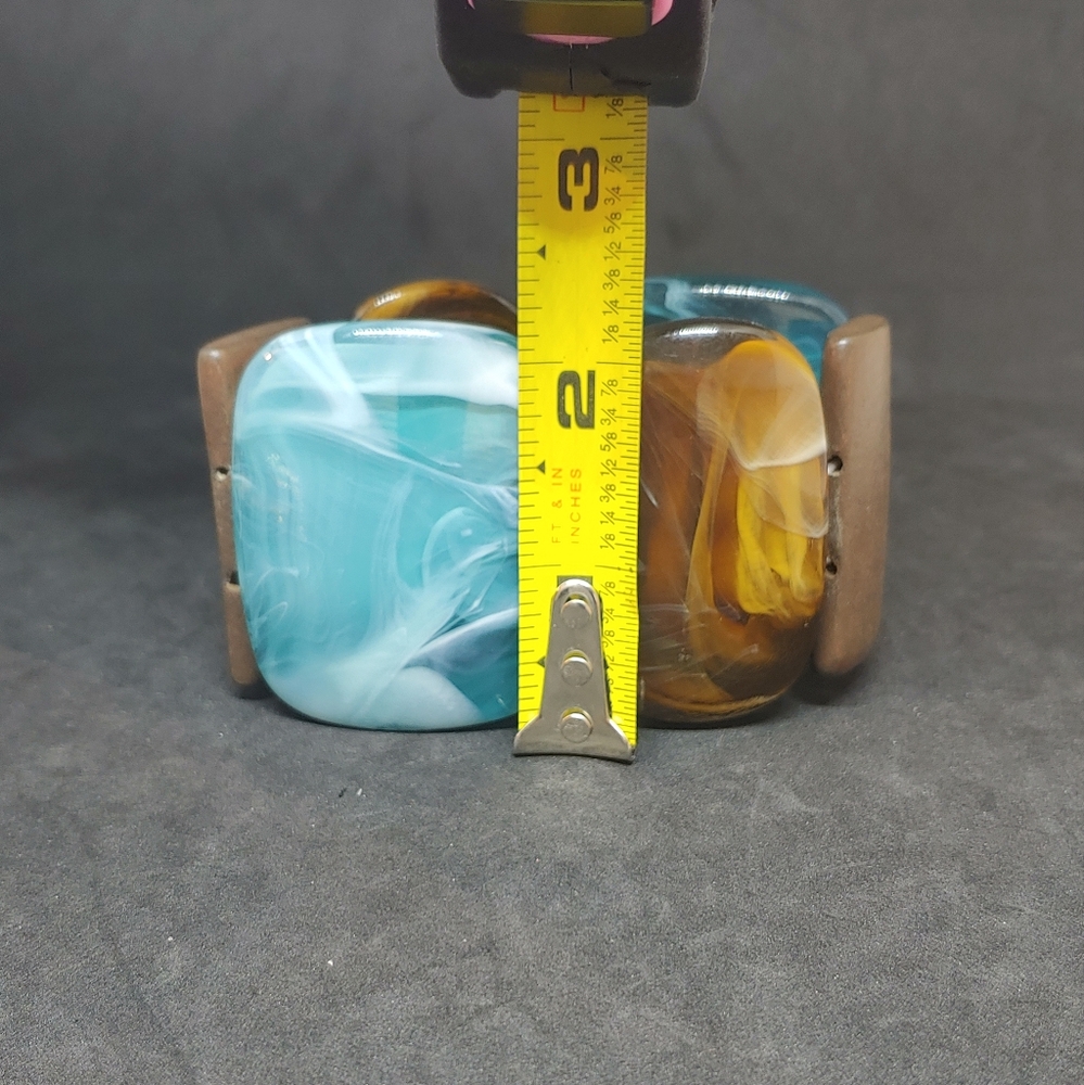 Stretch Panel Linked Bracelet Teal & Brown Marble… - image 5